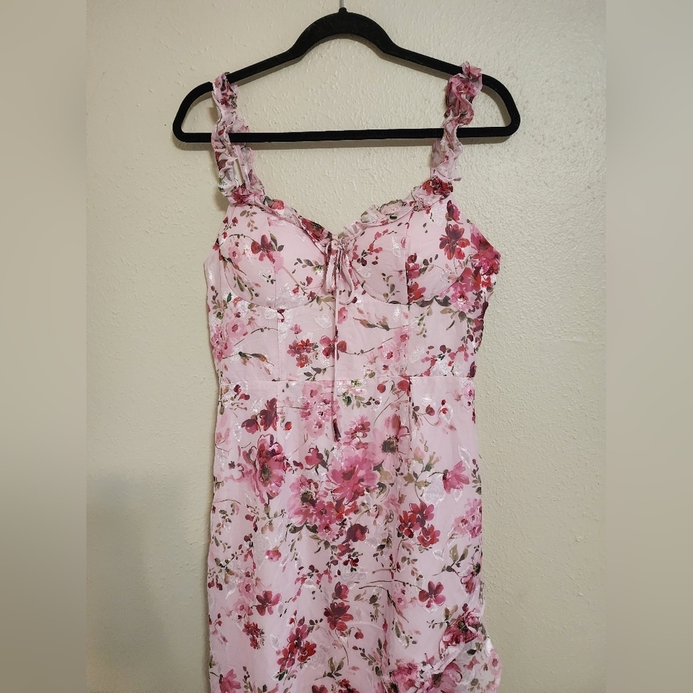 Lulus Lovable Spirit Pink Floral Burnout Ruffled High-Low Maxi Dress L Wedding - Picture 7 of 10